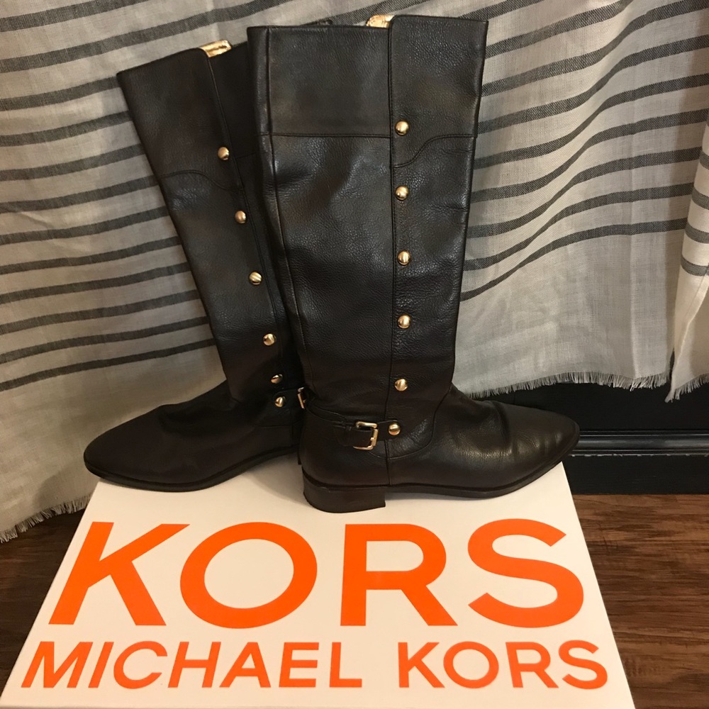 Michael Kors Brown Gold Studded tall boots as 8.5